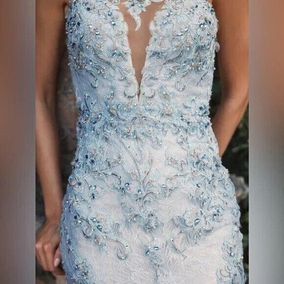 MAC DUGGAL 79264 EMBROIDERED APPLIQU FEATHERED ONE SHOULDER CRYSTAL BLUE GOWN 14 - Picture 3 of 6